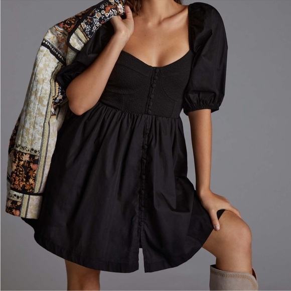 Anthropologie MAEVE Puff-Sleeved‎ Sweetheart black mini Dress size small lbd - Picture 1 of 8
